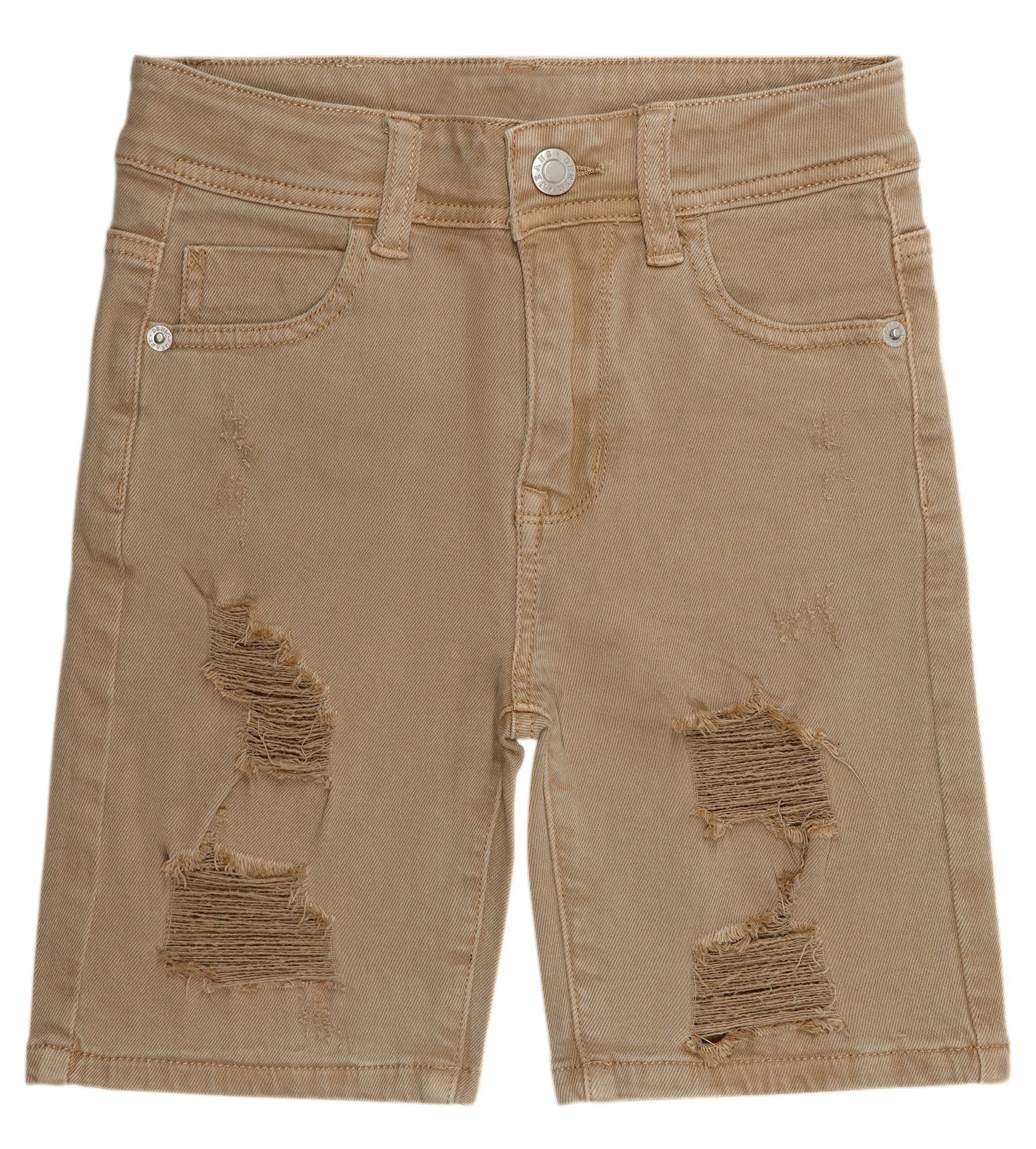 KIDSCOOL SPACE Boys Summer Denim Shorts, Ripped Soft Elastic Band Inside Half Jean Pants,Khaki,5-6 Years