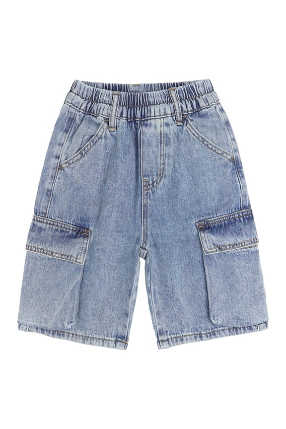 Children's Denim Shorts,Ribbed Elastic Waist with D-ring Loops Summer Jeans Half Cargo Jeans, Light Blue,11-12 Years