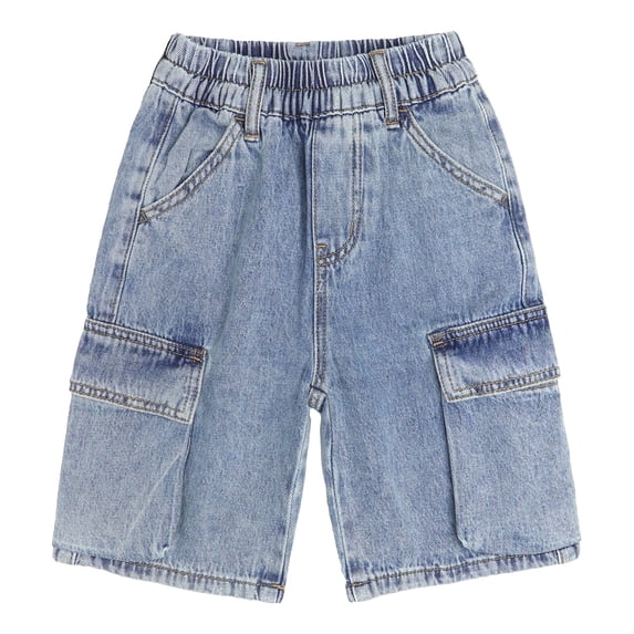 KIDSCOOL SPACE Children's Denim Shorts,Ribbed Elastic Waist with D-ring Loops Summer Jeans Half Cargo Jeans, Light Blue,7-8 Years