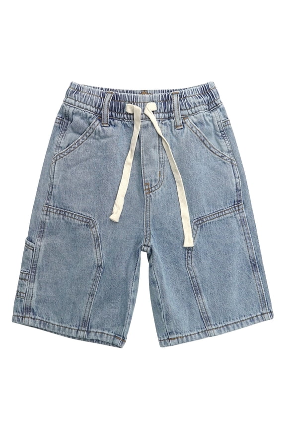 Children's Denim Shorts,Ribbed Elastic WaistBand with Strings Summer Jeans Half Pants, Light Blue, 6-7 Years