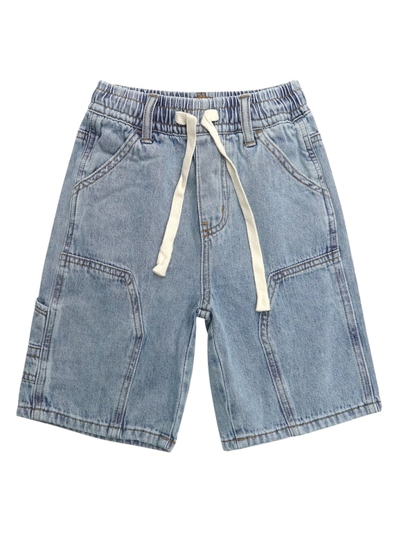 Children's Denim Shorts,Ribbed Elastic WaistBand with Strings Summer Jeans Half Pants, Light Blue, 6-7 Years