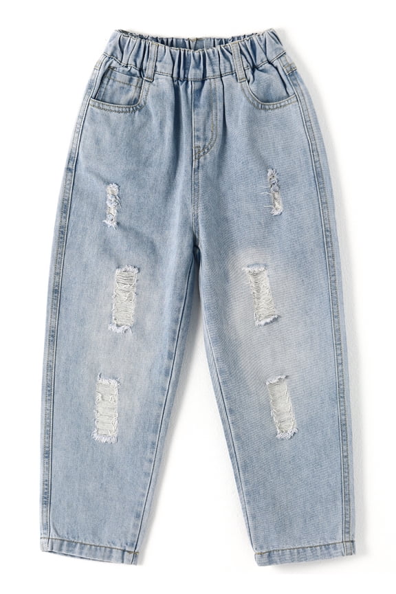 Girl Boy Jeans,Kid Ripped Casual Elastic Waist Denim Pants,Light Blue,5-6 Years