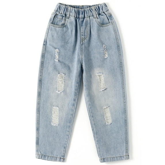 KIDSCOOL SPACE Girl Boy Jeans,Kid Ripped Casual Elastic Waist Denim Pants,Light Blue,5-6 Years