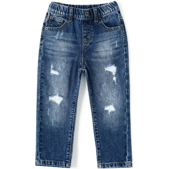 KIDSCOOL SPACE Girl Boy Jeans,Little Kid Elastic Band Inside Ripped Denim Pants,Blue,3-4 Years