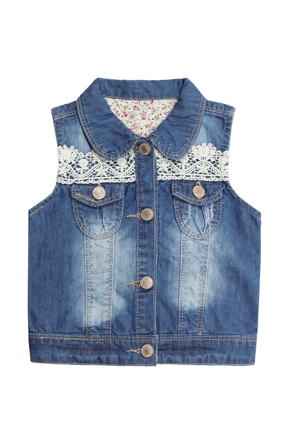 Girl Denim Vest, Round Collared Lace Sleeveless Jeans Tops,7-8 Years