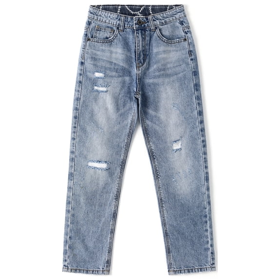 KIDSCOOL SPACE Girl Jeans,Big Kid Ripped Elastic Band Inside Straight Fit Denim Jeans Pants,Blue,7-8 Years