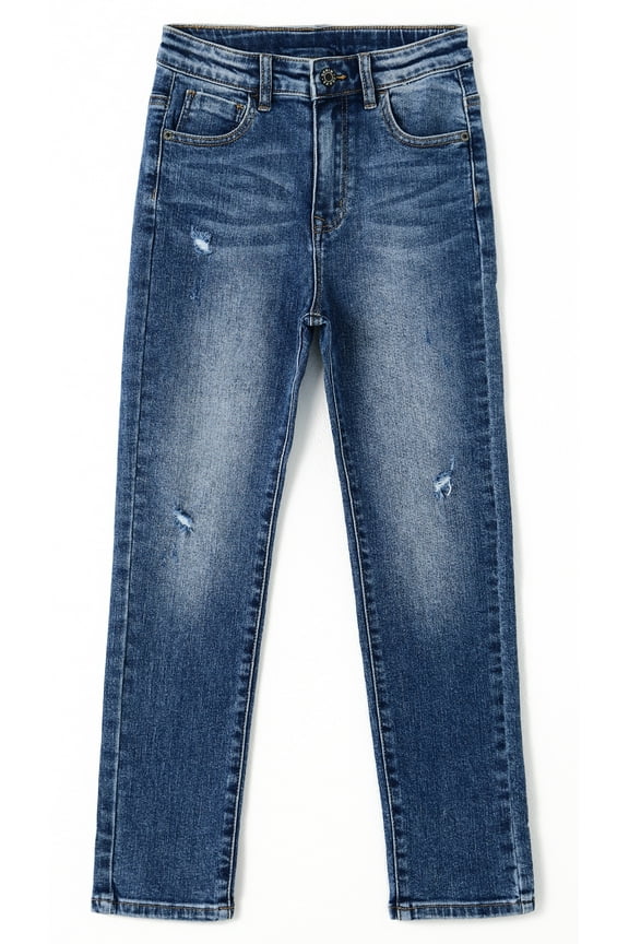 Girl Jeans,Big Kid Ripped Elastic Band Inside Straight Slim Fit Denim Jeans Pants,Blue,9-10 Years