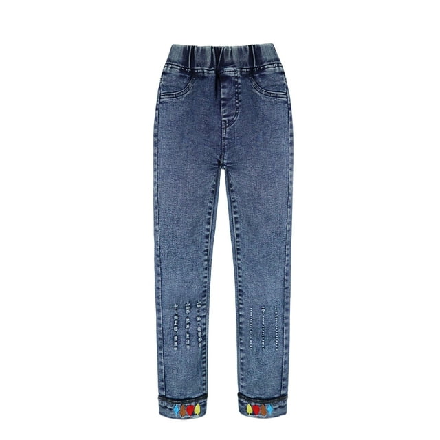 KIDSCOOL SPACE Girl Jeans,Embroidered Elastic Washed Denim Pants,Blue,10-11 Years