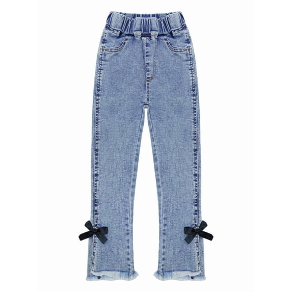 KIDSCOOL SPACE Girl Jeans,Raw Edge Ankle Hem Bowknot Decor Denim Pants,Blue,10-11 Years