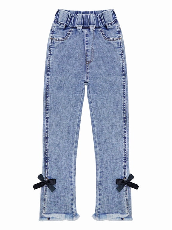 Girl Jeans,Raw Edge Ankle Hem Bowknot Decor Denim Pants,Blue,11-12 Years