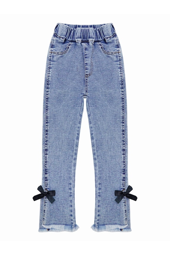 Girl Jeans,Raw Edge Ankle Hem Bowknot Decor Denim Pants,Blue,6-7 Years