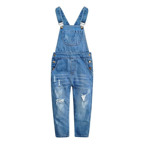 KIDSCOOL SPACE Girls Big Bibs Pockets Ripped Holes Washed Cotton Jeans Overalls,LightBlue,10-11 Years