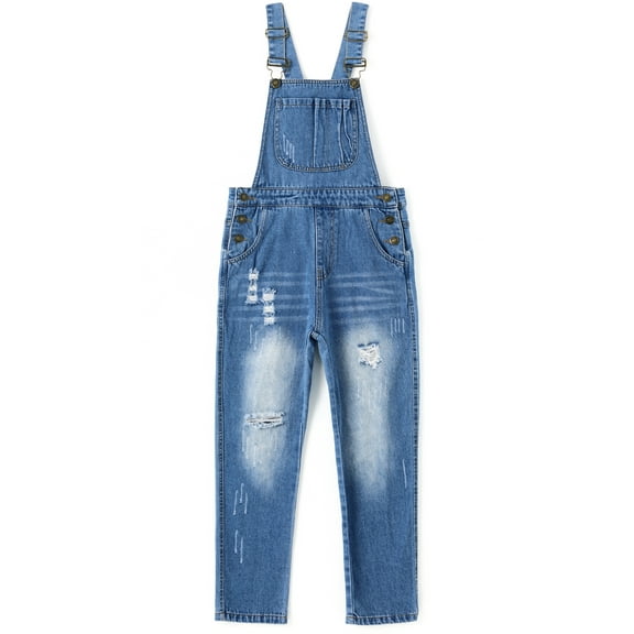 KIDSCOOL SPACE Girls Big Bibs Pockets Ripped Holes Washed Cotton Jeans Overalls,LightBlue,8-9 Years
