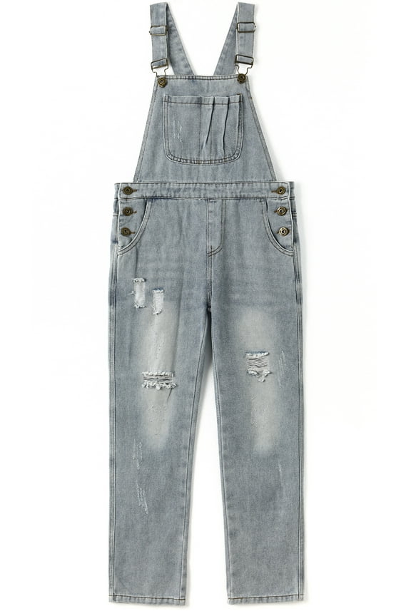Girls Big Bibs Pockets Ripped Holes Washed Cotton Jeans Overalls,LightGrey,12-13 Years