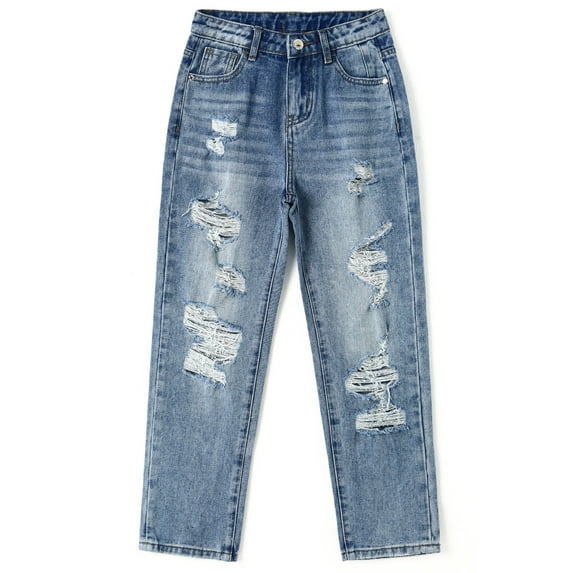 KIDSCOOL SPACE Girls/Boys Frayed Edge Elastic Band Inside Washed Ripped Slim Jeans,Blue,10-11 Years