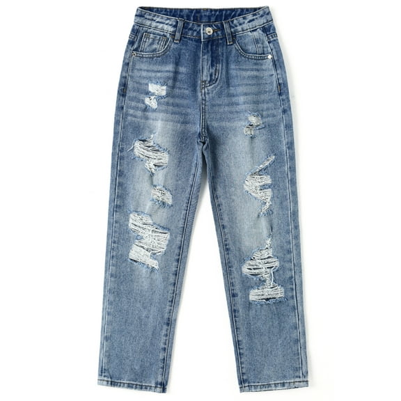 KIDSCOOL SPACE Girls/Boys Frayed Edge Elastic Band Inside Washed Ripped Slim Jeans,Blue,11-12 Years