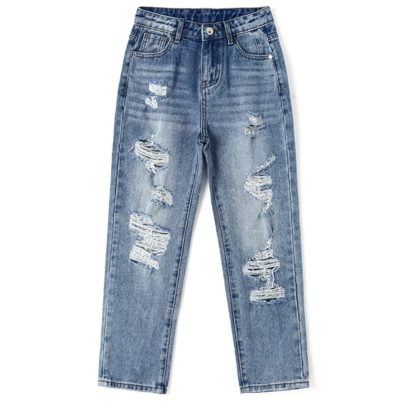 KIDSCOOL SPACE Girls/Boys Frayed Edge Elastic Band Inside Washed Ripped Slim Jeans,Blue,12-13 Years