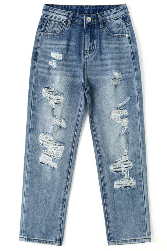 Girls/Boys Frayed Edge Elastic Band Inside Washed Ripped Slim Jeans,Blue,12-13 Years