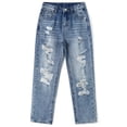 thumbnail image 1 of KIDSCOOL SPACE Girls/Boys Frayed Edge Elastic Band Inside Washed Ripped Slim Jeans,Blue,5-6 Years, 1 of 7