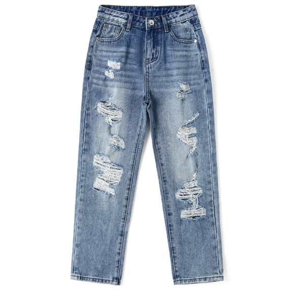 KIDSCOOL SPACE Girls/Boys Frayed Edge Elastic Band Inside Washed Ripped Slim Jeans,Blue,5-6 Years
