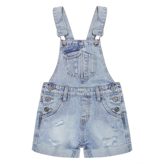 KIDSCOOL SPACE Girls Boys Jeans Shorts,Ripped Adjustable Straps Summer Denim Shortalls,Light Blue,5-6 Years