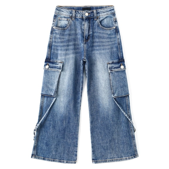 KIDSCOOL SPACE Girls Cargo Jeans, Wide Leg Baggy Stretchy Denim Pants with 6 Real Pockets,Light Blue,11-12 Years