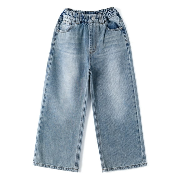 KIDSCOOL SPACE Girls Cargo Jeans, Wide Leg Baggy Stretchy Denim Pants with 6 Real Pockets,Light Blue,6-7 Years
