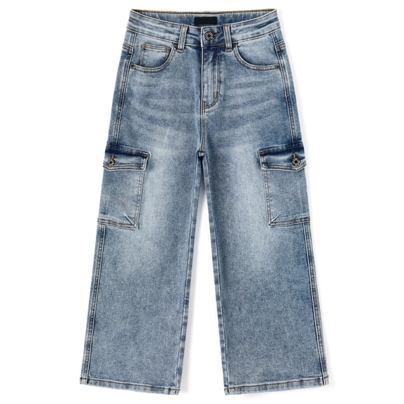 KIDSCOOL SPACE Girls Denim Cargo Pants 5-13Y, Wide Leg Jeans With Flap Pockets for Kids,Light Blue,9-10 Years