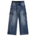 thumbnail image 1 of KIDSCOOL SPACE Girls Denim Cargo Pants 5-13Y, Wide Leg Jeans With Flap Pockets for Kids,Mid Blue,4-5 Years, 1 of 6