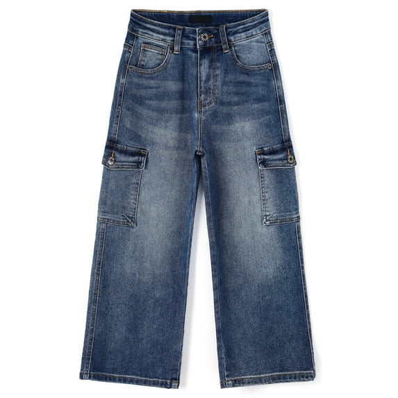 KIDSCOOL SPACE Girls Denim Cargo Pants 5-13Y, Wide Leg Jeans With Flap Pockets for Kids,Mid Blue,4-5 Years