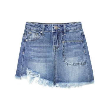 KIDSCOOL SPACE Girls Denim Dress,Cute Rippe Frayed Raw Hem Simple Design Summer Short Skirts,Blue,11-12 Years