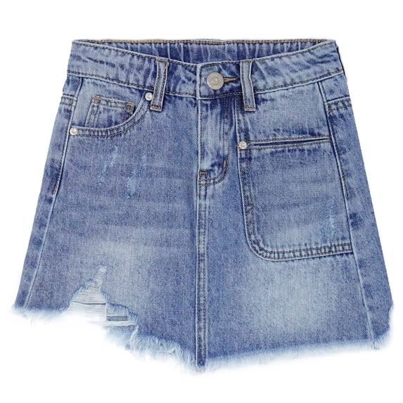 KIDSCOOL SPACE Girls Denim Dress,Cute Rippe Frayed Raw Hem Simple Design Summer Short Skirts,Blue,9-10 Years