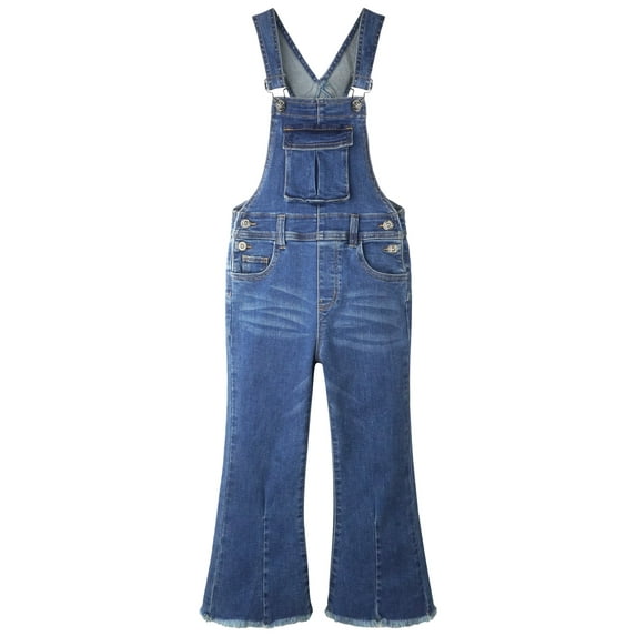 KIDSCOOL SPACE Girls Denim Flared Overalls Pants,3D Accordion Deep Heel Pockets Bell Bottom Jeans Dungarees,MidBlue 9-10 Years