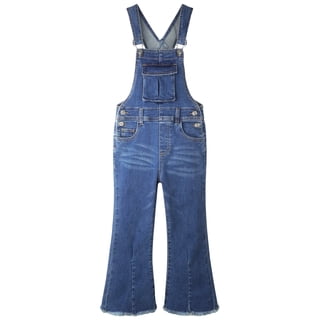 KIDSCOOL Girls Denim Bell Bottom Jeans jumpsuit Flap Pocket Flare Overalls,MidBlue 9-10 Years