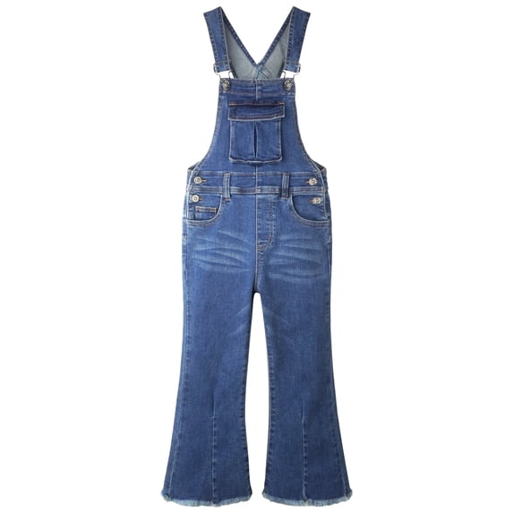 KIDSCOOL Girls Denim Bell Bottom Jeans jumpsuit Flap Pocket Flare Overalls,MidBlue 9-10 Years