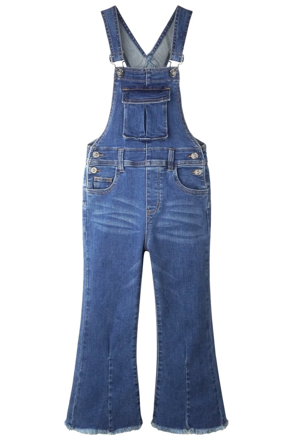 KIDSCOOL Girls Denim Bell Bottom Jeans jumpsuit Flap Pocket Flare Overalls,MidBlue 9-10 Years