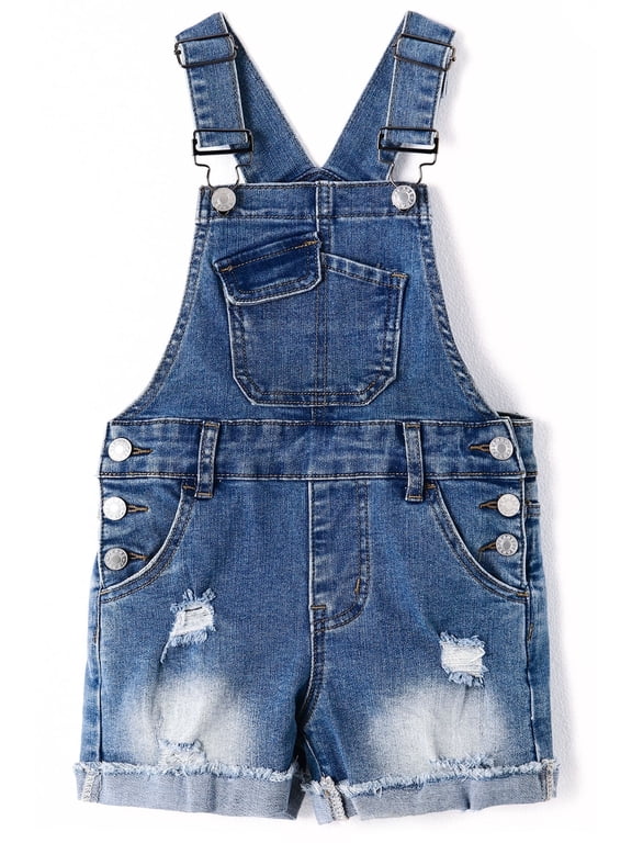 KIDSCOOL Kids Girls Distressed Denim Shortalls Ripped Jean Overalls Shorts,Blue,7-8 Years
