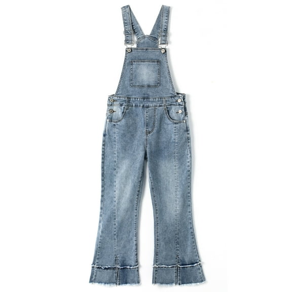KIDSCOOL SPACE Girls Denim Overalls,2 Layers Raw Edge Hem Squared Pockets Jean Dungarees Pants,Light Blue,11-12 Years
