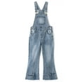 thumbnail image 1 of KIDSCOOL SPACE Girls Denim Overalls,2 Layers Raw Edge Hem Squared Pockets Jean Dungarees Pants,Light Blue,8-9 Years, 1 of 8