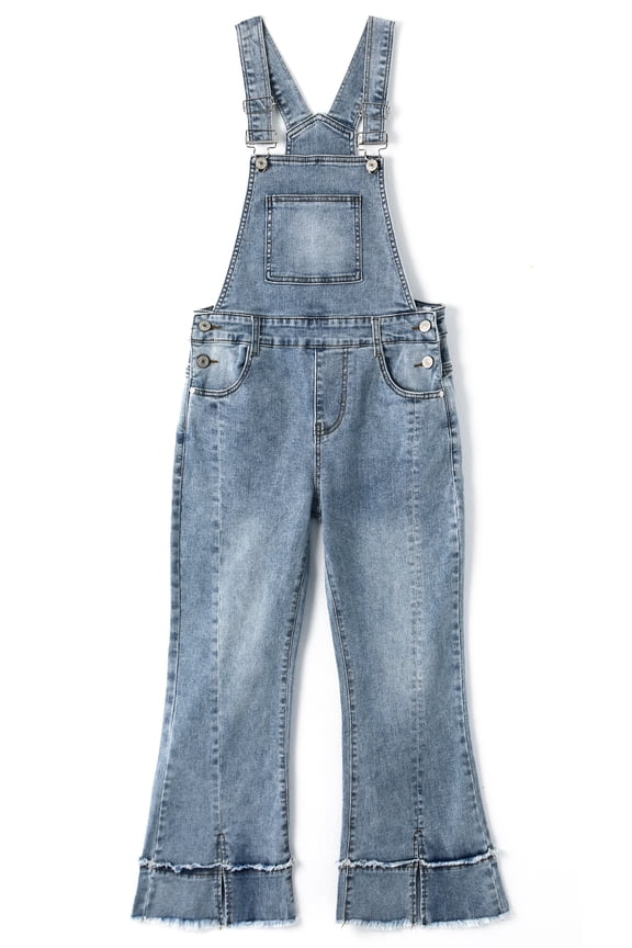 Girls Denim Overalls,2 Layers Raw Edge Hem Squared Pockets Jean Dungarees Pants,Light Blue,9-10 Years