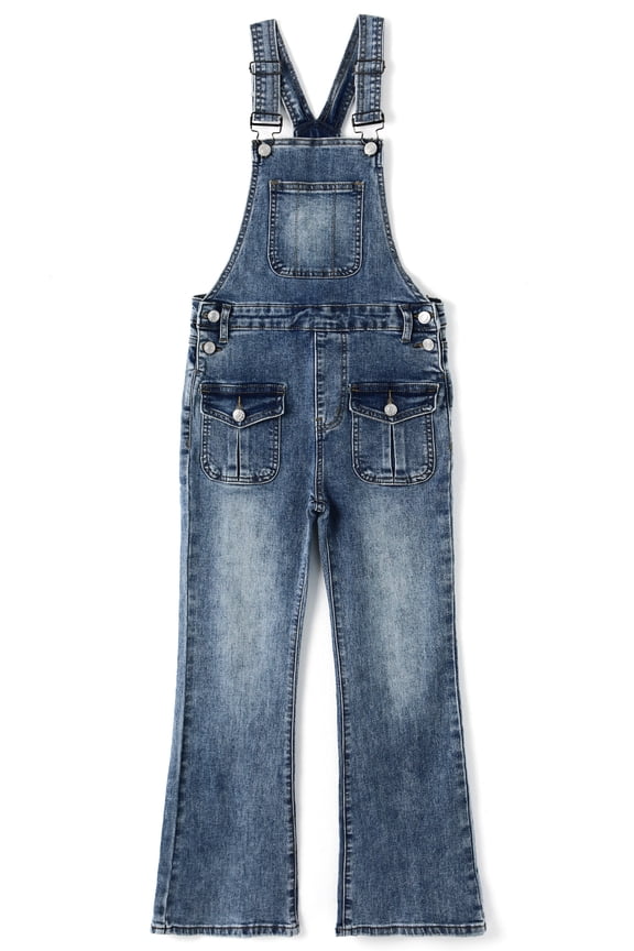 Girls Denim Overalls, 3-D Exposed External Pockets Jean Dungarees Pants,Light Blue,13-14 Years