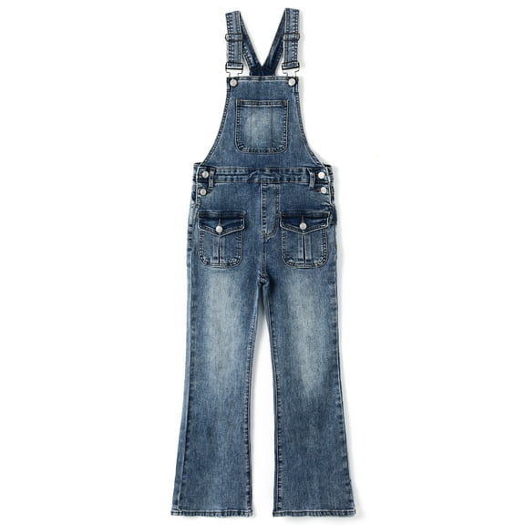 KIDSCOOL SPACE Girls Denim Overalls, 3-D Exposed External Pockets Jean Dungarees Pants,Light Blue,5-6 Years