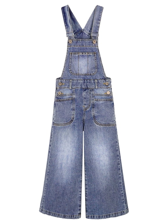 Girls Denim Overalls,Big Exposed External Pockets Jean Dungarees Pants,Light Blue,7-8 Years