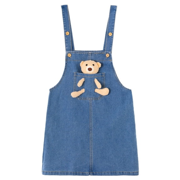 KIDSCOOL SPACE Girls Denim Overalls Dress,Cute Bear Simple Design Summer Colored Jumpsuit Dress and Set,Light Blue,13-14 Years