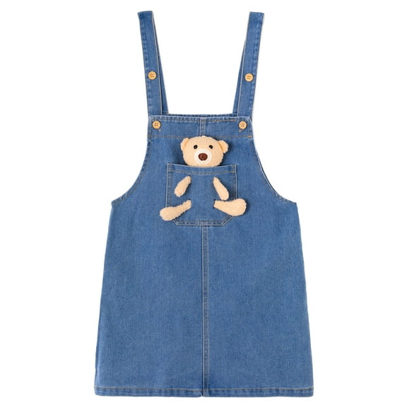 KIDSCOOL SPACE Girls Denim Overalls Dress,Cute Bear Simple Design Summer Colored Jumpsuit Dress and Set,Light Blue,5-6 Years
