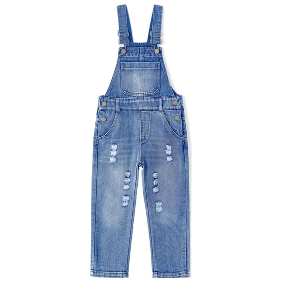 KIDSCOOL Girls Denim Overalls Kids Ripped Jeans Tweens Washed Bib Jumpsuits, 4-5 Years