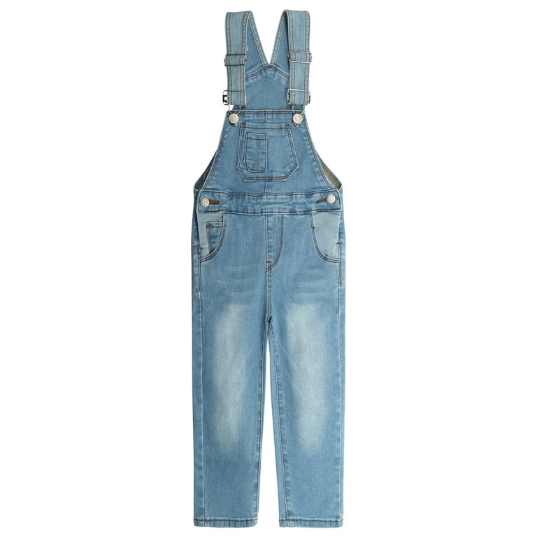KIDSCOOL SPACE Girls Denim Overalls, Elastic Waistband Inside Washed  Stretchy Jeans Jumpsuit,Light Blue;13-14 Years