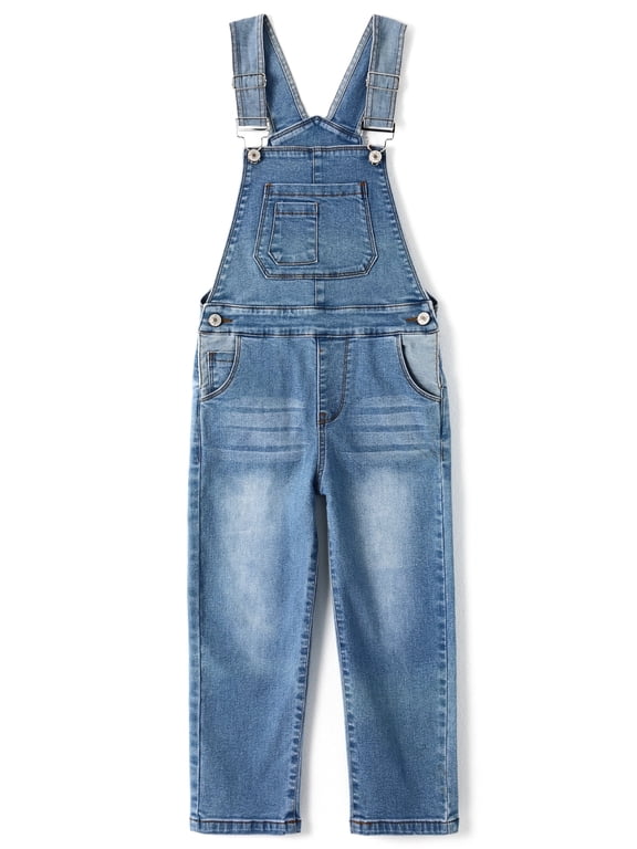 Girls Denim Overalls, Elastic Waistband Inside Washed Stretchy Jeans Jumpsuit,Light Blue,4-5 Years