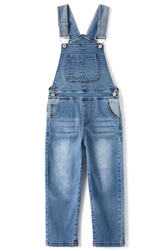 Girls Denim Overalls, Elastic Waistband Inside Washed Stretchy Jeans Jumpsuit,Light Blue,4-5 Years
