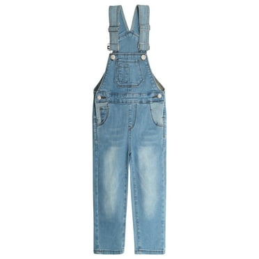 KIDSCOOL SPACE Girls Denim Overalls, Elastic Waistband Inside Washed Stretchy Jeans Jumpsuit,Light Blue,7-8 Years